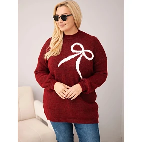 Dámský svetr Plus Size s přídavkem vlny s mašlí bordová Dámský svetr Plus Size s přídavkem vlny s mašlí bordová