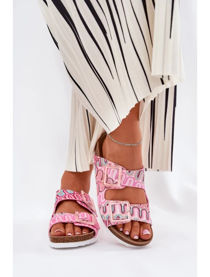 Dámské Pantofle S Přezkami A Brokátem Růžové S.Barski RB51-006 Dámské Pantofle S Přezkami A Brokátem Růžové S.Barski RB51-006