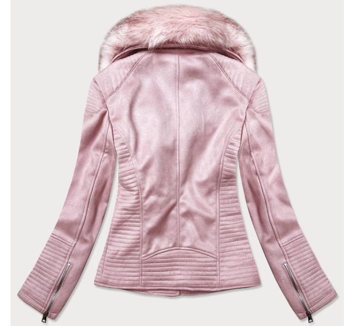Dámská semišová bunda ramoneska v pudrově růžové barvě s kožešinou (6501)