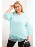 Dámská souprava svetr s výstřihem do V a viskózová blůza s krajkovým lemem mátová Dámská souprava svetr s výstřihem do V a viskózová blůza s krajkovým lemem mátová