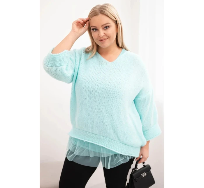 Dámská souprava svetr s výstřihem do V a viskózová blůza s krajkovým lemem mátová Dámská souprava svetr s výstřihem do V a viskózová blůza s krajkovým lemem mátová