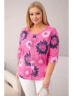 Dámská bavlněná halenka Plus Size s krátkým rukávem a knoflíky růžová