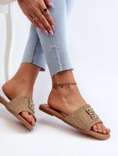 Ploché Dámské Žabky S Pletením a Ozdobou Beige Omenna