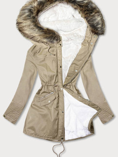 Béžová dámská zimní bunda parka s mechovitým kožíškem a s kapucí (7602BIG)