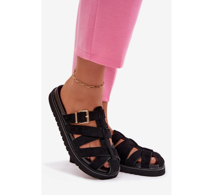 Dámské pantofle s pásky a zlatým sponou Černé model 21943458 - Boto