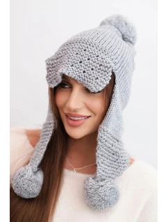 Dámská zimní čepice s vlnou, kšiltem a bambulemi K475 světle šedá