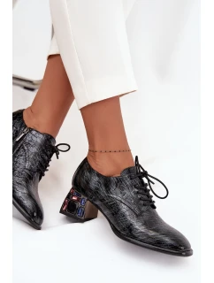 Dámské kožené lakované polobotky na podpatku s krystalky Artiker – šedé