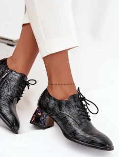 Dámské kožené lakované polobotky na podpatku s krystalky Artiker – šedé