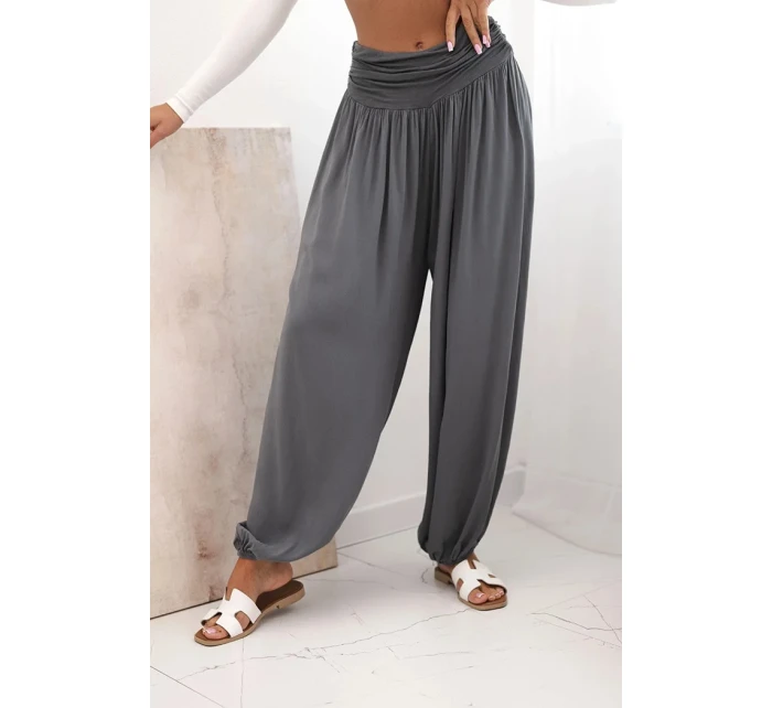 Dámské viskózové kalhoty s širokými nohavicemi a volánky grafit Dámské viskózové kalhoty s širokými nohavicemi a volánky grafit