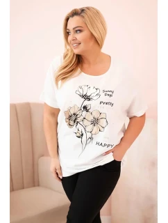 Dámská blůza Plus Size z viskózy s květinovým potiskem a nápisem ecru