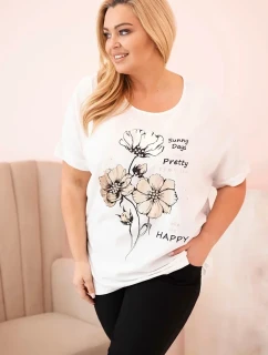 Dámská blůza Plus Size z viskózy s květinovým potiskem a nápisem ecru