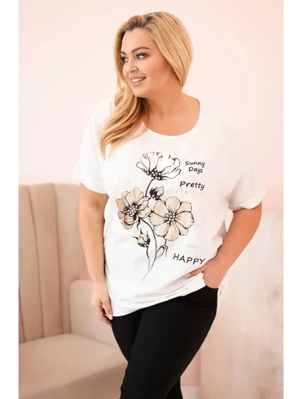 Dámská blůza Plus Size z viskózy s květinovým potiskem a nápisem ecru
