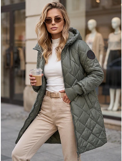 Dlouhá dámská prošívaná přechodová bunda, zelená, FashionStreet TY5863 Dlouhá dámská prošívaná přechodová bunda, zelená, FashionStreet TY5863