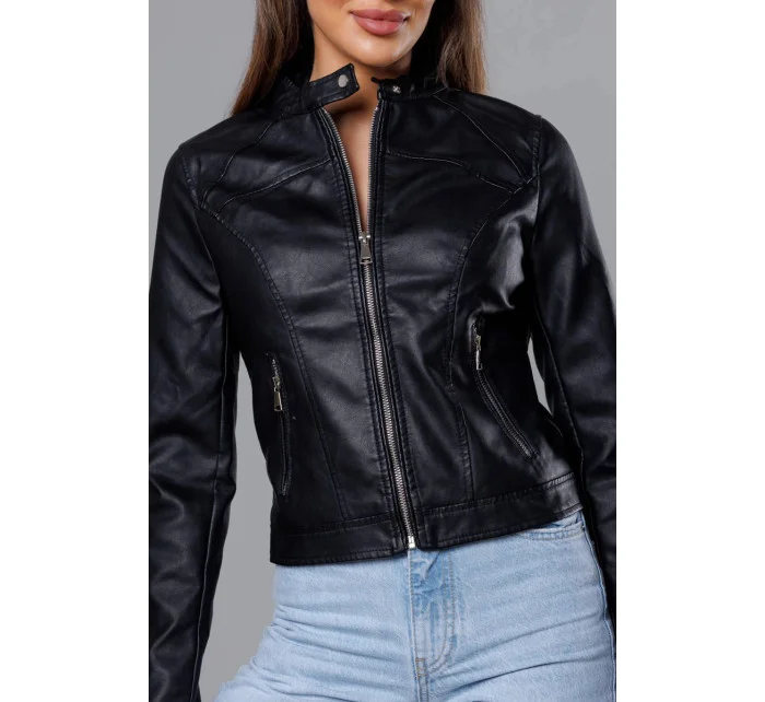 Krátká černá bunda ramoneska se stojáčkem (11Z8032)