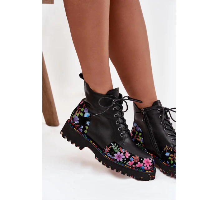 Kožené dámské kotníkové boty s květinami zateplené Artiker 57C0180 Černé