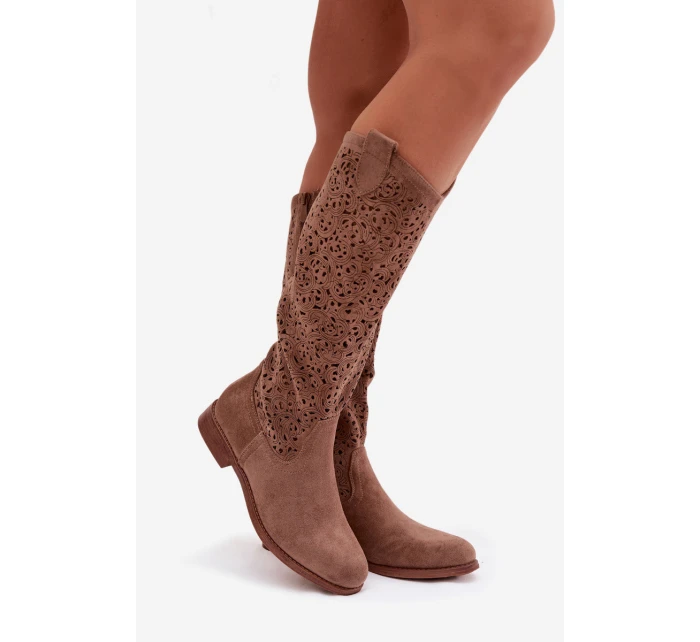 Dámské perforované kozačky na plochém podpatku S.Barski HY61-8023 Hnědé