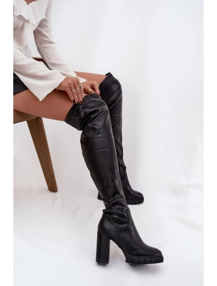 Dámské kozačky nad koleno na podpatku eko kůže černé Tahlina