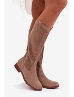 Dámské kozačky s krajkovým vzorem na plochém podpatku model 21998027 Béžové - S.Barski Dámské kozačky s krajkovým vzorem na plochém podpatku model 21998027 Béžové - S.Barski