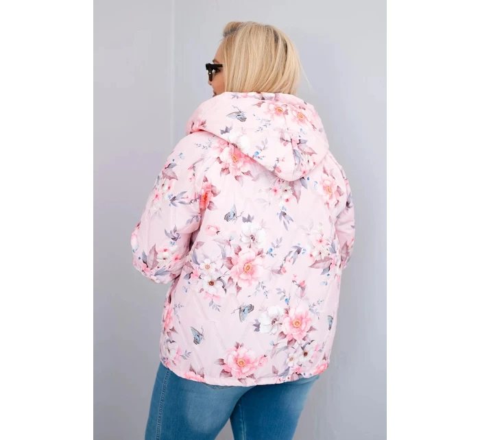 Dámská jarní prošívaná bunda Plus Size s kapucí a květinovým vzorem pudrově růžová