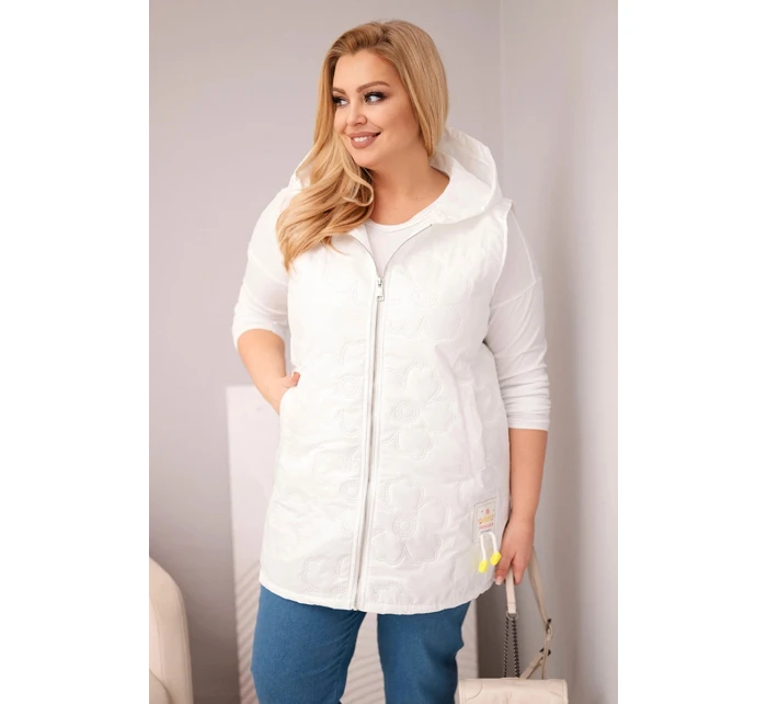Dámská vesta Plus Size s kapucí a květinovým prošíváním bílá