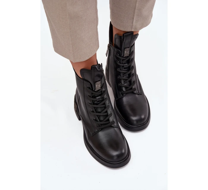 Kožené dámské kozačky na nízkém podpatku model 21713393 Černé - VINCEZA