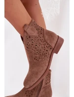 Dámské perforované kotníkové boty na nízkém podpatku model 21961100 Hnědé - S.Barski