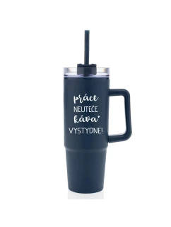 PRÁCE NEUTEČE, KÁVA VYSTYDNE! - modrý cestovní termohrnek s průhledným víčkem 900 ml  