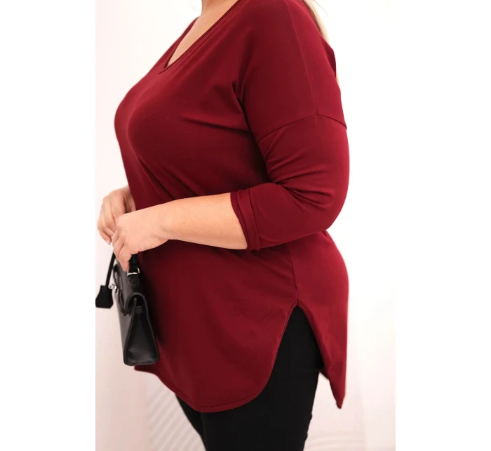 Dámská bavlněná blůza Plus Size s výstřihem do V a ohrnutým rukávem bordová Dámská bavlněná blůza Plus Size s výstřihem do V a ohrnutým rukávem bordová