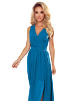 JUSTINE - Světle modré dámské dlouhé šaty s výstřihem a zavazováním 362-4
