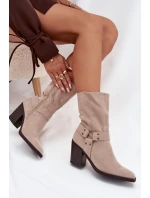 Dámské boty zateplené na podpatku s pásky a ozdobným detailem béžové Neria Dámské boty zateplené na podpatku s pásky a ozdobným detailem béžové Neria