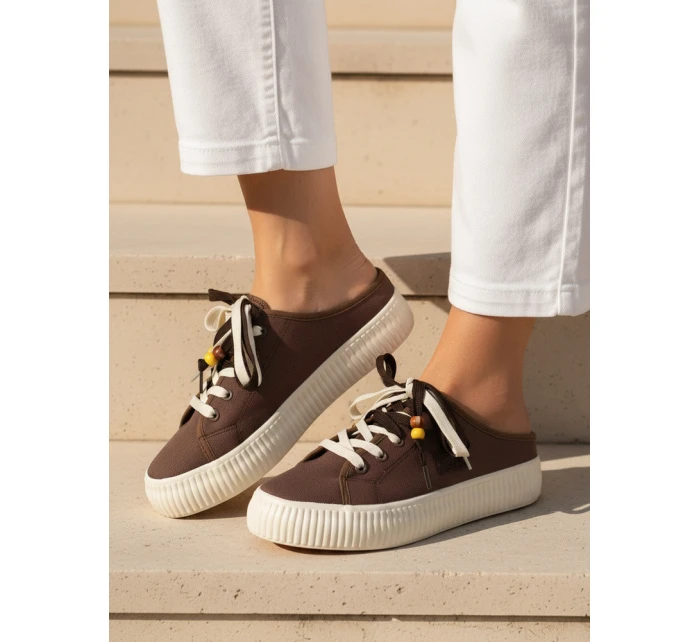 Dámské tenisky na platformě s ozdobnými korálky cappuccino ZY1409