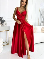 512-5 JULIET elegantní dlouhé saténové šaty s výstřihem a rozparkem na nohou - ČERVENÉ