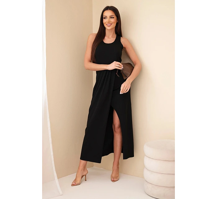 Dámské bavlněné midi šaty bez rukávů s řasením černá Dámské bavlněné midi šaty bez rukávů s řasením černá