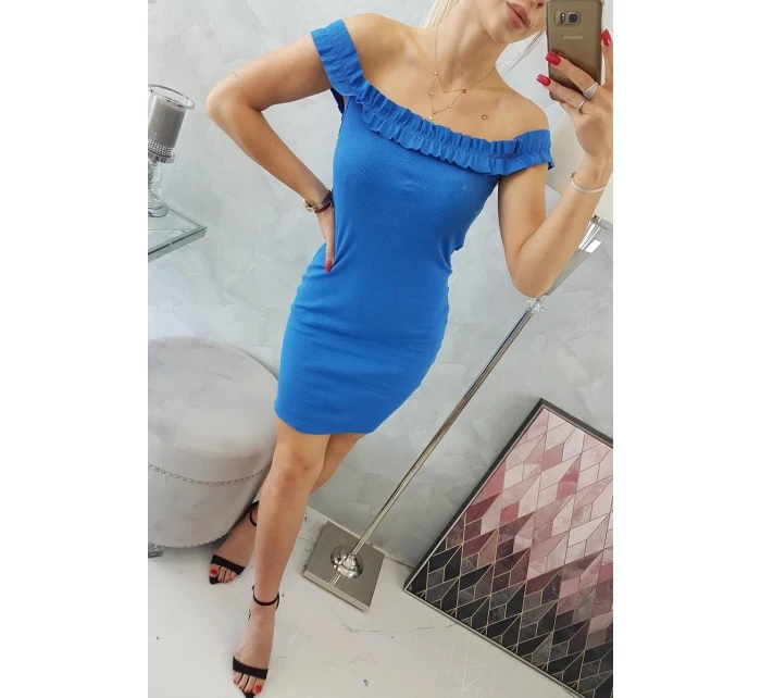 Chrpově modré volánkové šaty s pruhy