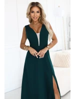 648-1 Módní maxi šaty s rozparkem na nohavicích - lahvově zelené