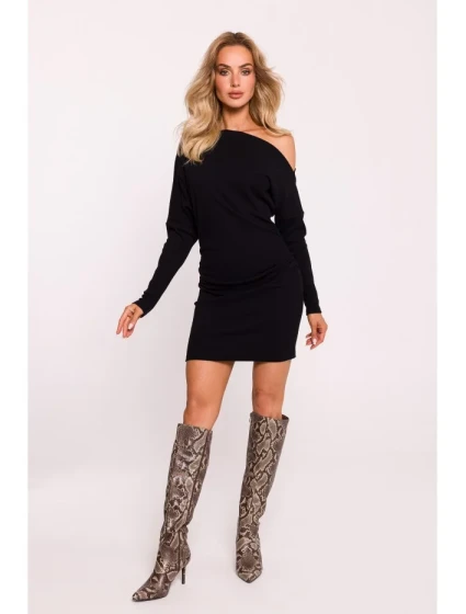 M818 Pletené šaty se spadlými rameny - černé M818 Pletené šaty se spadlými rameny - černé