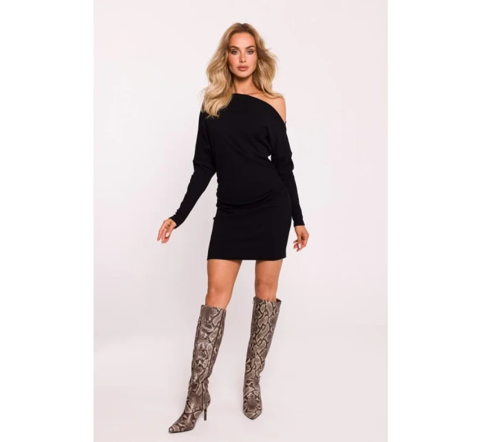 M818 Pletené šaty se spadlými rameny - černé M818 Pletené šaty se spadlými rameny - černé