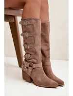 Dámské kozačky kovbojského stylu na podpatku s přezkami Fivelle – tmavě béžové Dámské kozačky kovbojského stylu na podpatku s přezkami Fivelle – tmavě béžové
