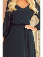 Dámské šifonové šaty v lahvově zelené barvě v délce midi, s dekoltem a volánkem 304-2 Dámské šifonové šaty v lahvově zelené barvě v délce midi, s dekoltem a volánkem 304-2