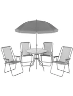 SADA ZAHRADNÍHO NÁBYTKU KULATÝ STŮL 4 ŽIDLE A SLUNEČNÍK TMAVĚ ŠEDÁ SADA ZAHRADNÍHO NÁBYTKU KULATÝ STŮL 4 ŽIDLE A SLUNEČNÍK TMAVĚ ŠEDÁ