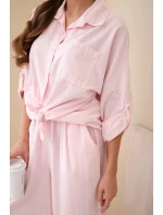 Dámský bavlněný komplet s košilí na zavazování a širokými nohavicemi pudrově růžová Dámský bavlněný komplet s košilí na zavazování a širokými nohavicemi pudrově růžová