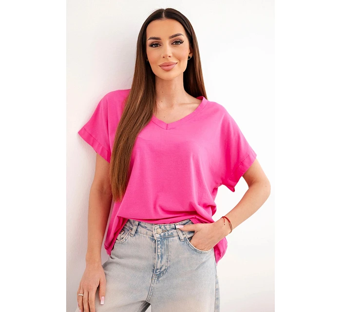 Dámská bavlněná halenka s výstřihem do V a krátkým rukávem fuchsiová