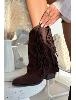 Dámské kožené boty s třásněmi na podpatku čokoládové model 21821877 - Boto