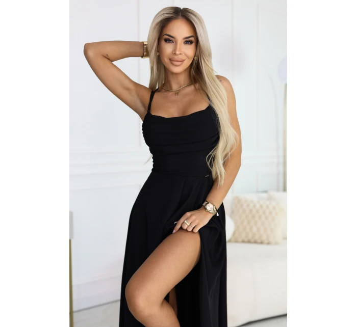 589-5 Maxi šaty bez ramínek s korzetovým zavazováním na zádech a rozparkem - černé