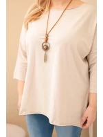 Dámská bavlněná blůza Plus Size asymetrická s náhrdelníkem béžová Dámská bavlněná blůza Plus Size asymetrická s náhrdelníkem béžová