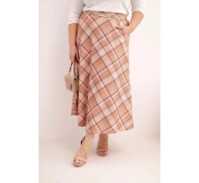 Dámská sukně Plus Size v kostkovaném vzoru s širokým lemem camelová