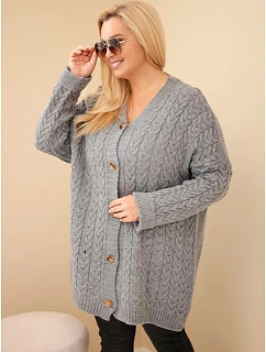 Dámský kardigan Plus Size s knoflíky a copánkovým vzorem šedý
