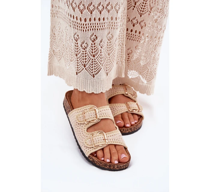 Háčkované dámské pantofle se zlatými přezkami béžové Fenira Háčkované dámské pantofle se zlatými přezkami béžové Fenira