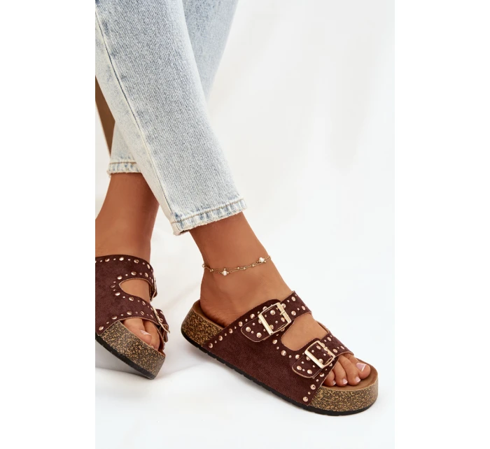 Dámské pantofle s zlatými sponami a knoflíky hnědé Tervina