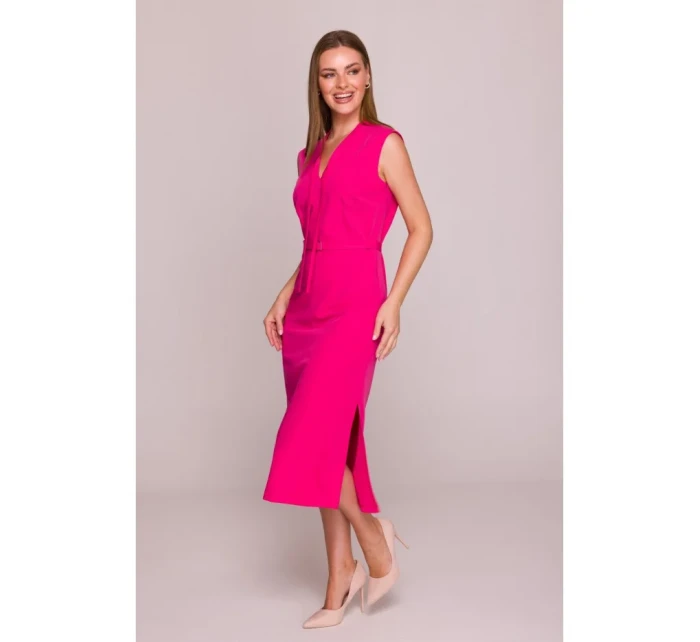 model 21154794 Šaty áčkového střihu s vázáním a výstřihem do V růžové - STYLOVE model 21154794 Šaty áčkového střihu s vázáním a výstřihem do V růžové - STYLOVE